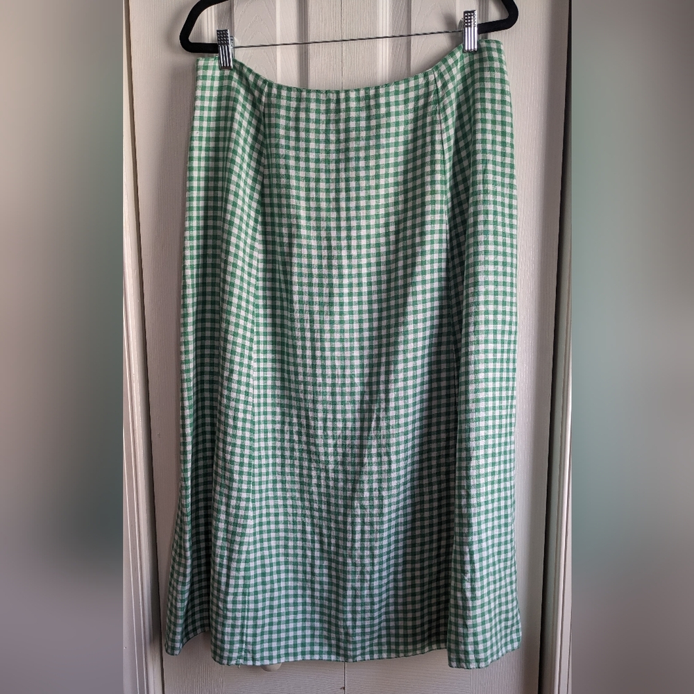 Green and white checkered plaid linen blend midi skirt side slit LOFT